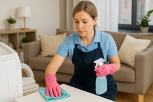 "Professional Airbnb cleaner wiping a white surface in a modern living room, wearing gloves and holding a spray bottle, with a washing machine and folded towels in the background."